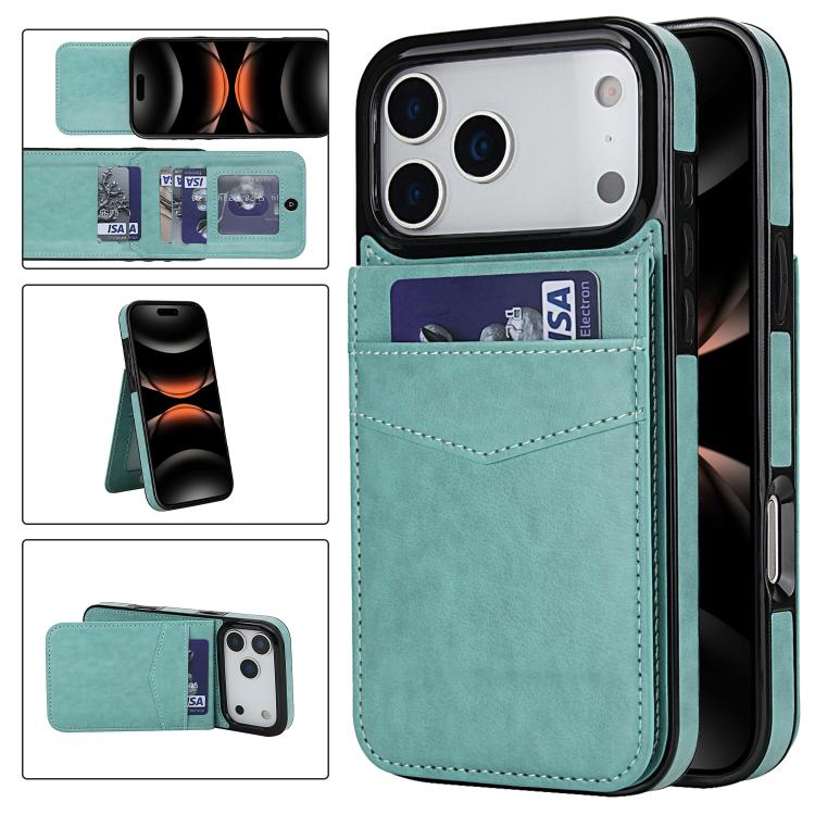 For iPhone 17 Pro Solid Color Card Slots Bracket PU Phone Case(Mint Green)