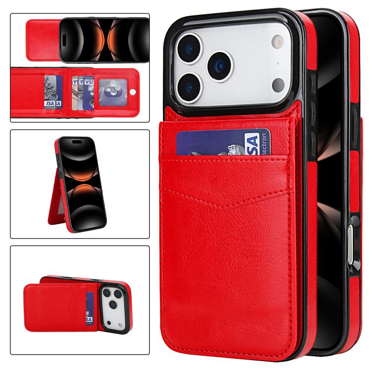 For iPhone 17 Pro Solid Color Card Slots Bracket PU Phone Case(Red)