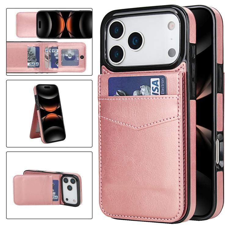 For iPhone 17 Pro Solid Color Card Slots Bracket PU Phone Case(Rose Gold)