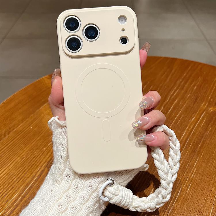 For iPhone 17 Pro Solid Color Liquid Silicone Magnetic Phone Case with Lanyard(Antique White)