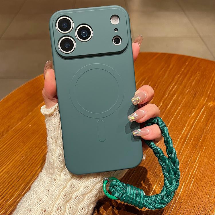 For iPhone 17 Pro Solid Color Liquid Silicone Magnetic Phone Case with Lanyard(Dark Green)