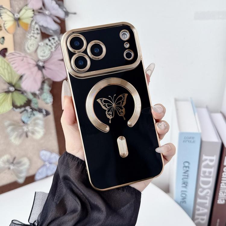 For iPhone 17 Pro Solid Color Side Electroplating Butterfly MagSafe TPU Phone Case(Black)