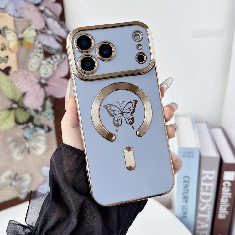 For iPhone 17 Pro Solid Color Side Electroplating Butterfly MagSafe TPU Phone Case(Blue)