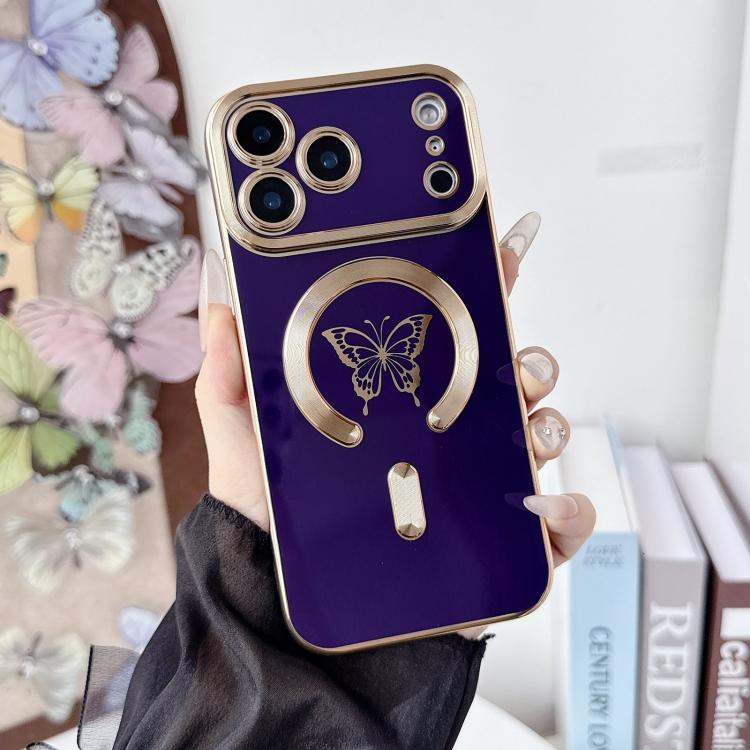 For iPhone 17 Pro Solid Color Side Electroplating Butterfly MagSafe TPU Phone Case(Purple)
