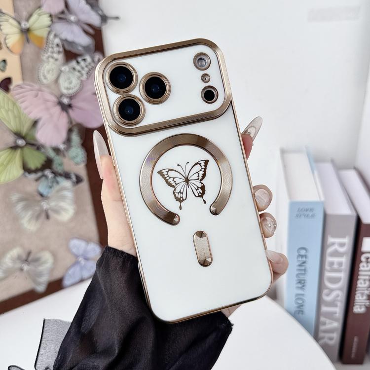 For iPhone 17 Pro Solid Color Side Electroplating Butterfly MagSafe TPU Phone Case(White)