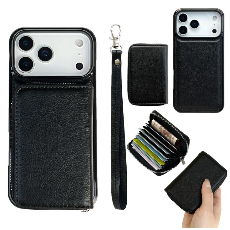 For iPhone 17 Pro Solid Color Zipper 11-Card Slots Bag Phone Case with Lanyard(Black)