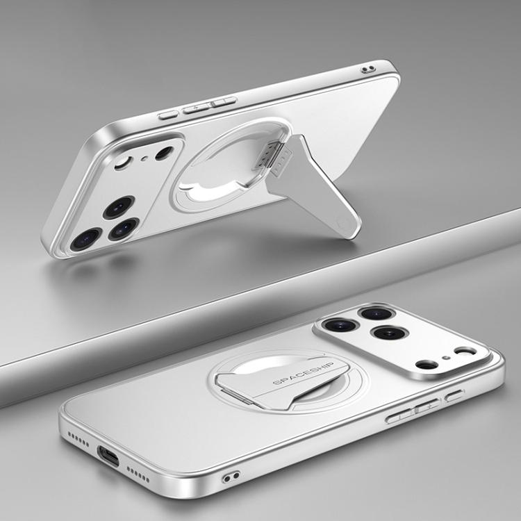 For iPhone 17 Pro Spaceship MagSafe Folding Holder Phone Case(Silver White)