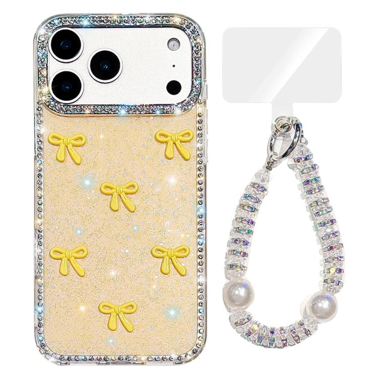 For iPhone 17 Pro Sparkling IMD Colorful Bow Phone Case with Bracelet(Glitter Light Yellow)