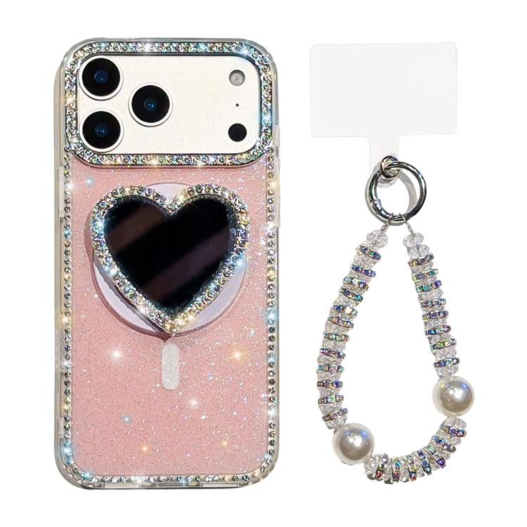 For iPhone 17 Pro Sparkling IMD Heart-Shaped Mirror Magnetic Phone Case with Bracelet(Glitter Light Pink)