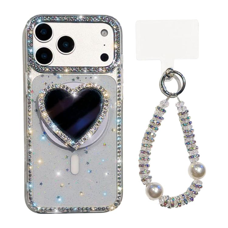 For iPhone 17 Pro Sparkling IMD Heart-Shaped Mirror Magnetic Phone Case with Bracelet(Glitter Star)