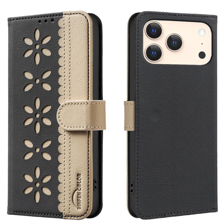 For iPhone 17 Pro Splicing Color Hollow Flower Pattern RFID Leather Phone Case(Black)