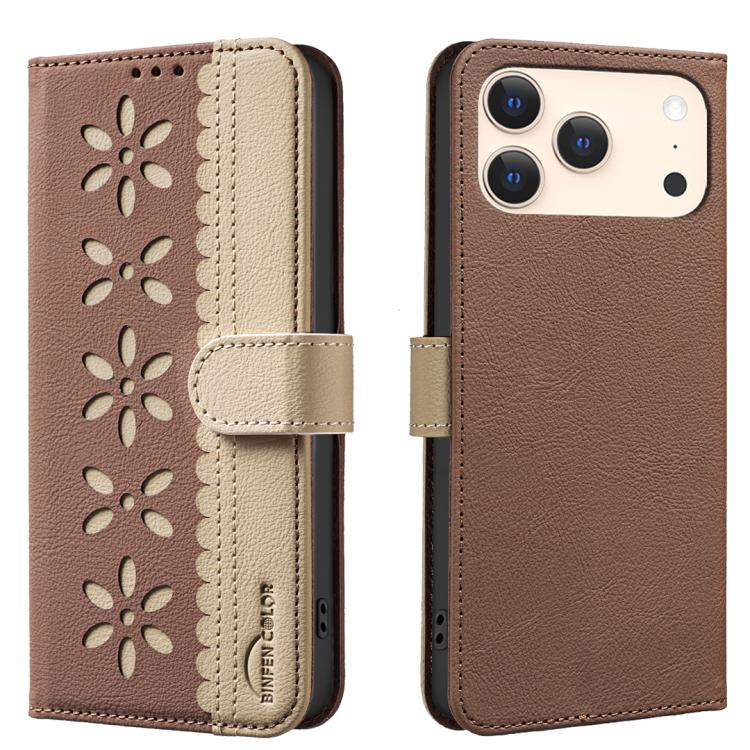 For iPhone 17 Pro Splicing Color Hollow Flower Pattern RFID Leather Phone Case(Brown)