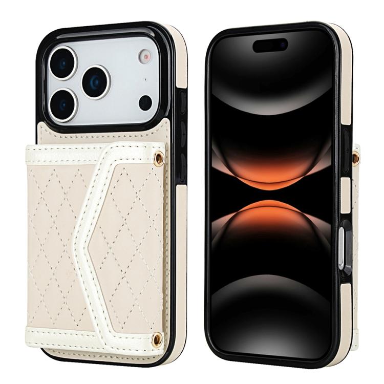 For iPhone 17 Pro Splicing Rhombic Texture Card Bag Phone Case with Long Lanyard(Beige)