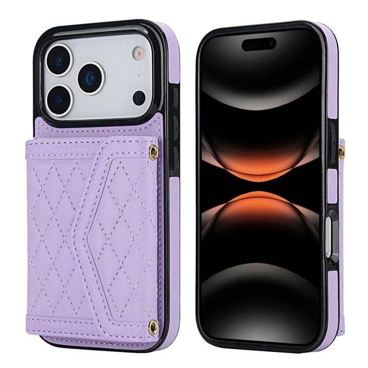 For iPhone 17 Pro Splicing Rhombic Texture Card Bag Phone Case with Long Lanyard(Purple)