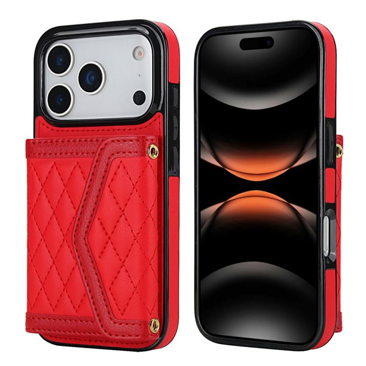 For iPhone 17 Pro Splicing Rhombic Texture Card Bag Phone Case with Long Lanyard(Red)