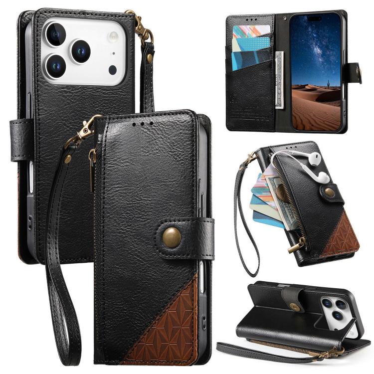 For iPhone 17 Pro Splicing Zipper Wallet Vegan Leather Phone Case with Strap(Black)