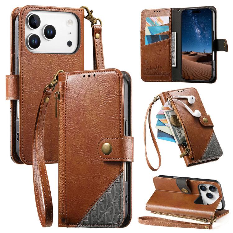 For iPhone 17 Pro Splicing Zipper Wallet Vegan Leather Phone Case with Strap(Brown)