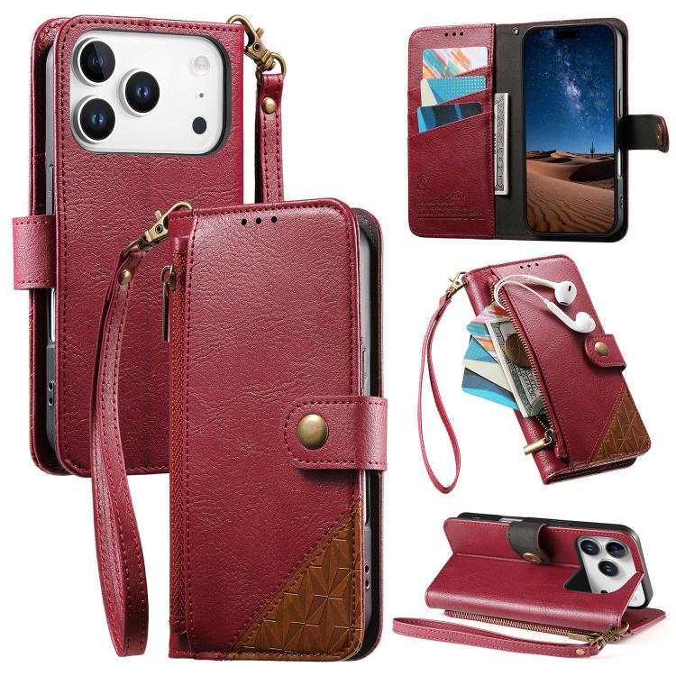 For iPhone 17 Pro Splicing Zipper Wallet Vegan Leather Phone Case with Strap(Red)