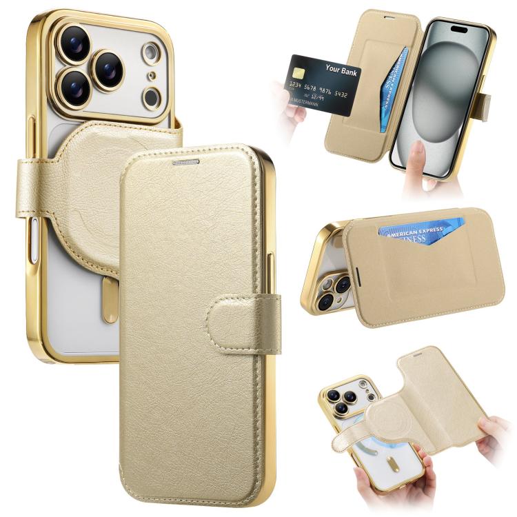 For iPhone 17 Pro Splitable Electroplated MagSafe RFID Anti-theft Leather Phone Case with Lens Film(Gold)