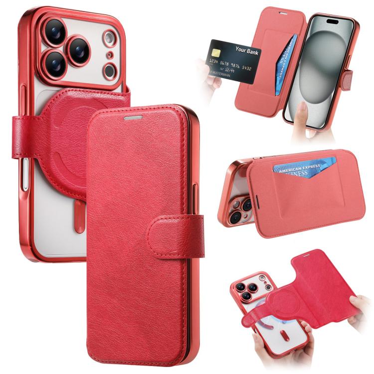 For iPhone 17 Pro Splitable Electroplated MagSafe RFID Anti-theft Leather Phone Case with Lens Film(Red)