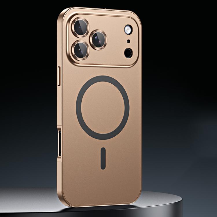 For iPhone 17 Pro Spring Buckle MagSafe Magnetic Metal Phone Case(Desert Gold)