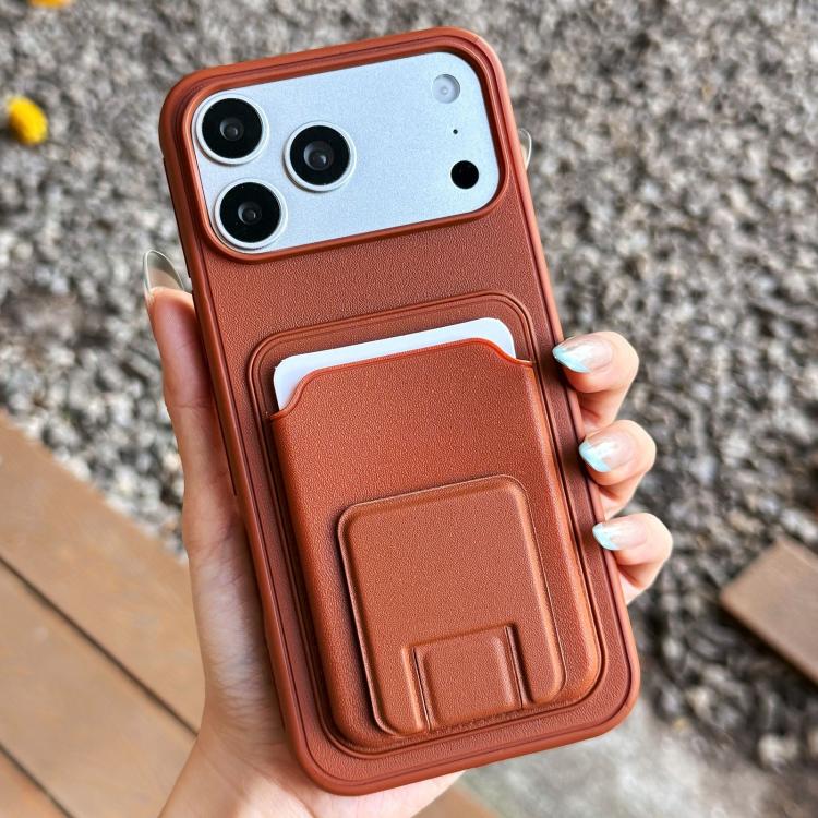 For iPhone 17 Pro Square Folding Card Bag Holder Phone Case(Brown)