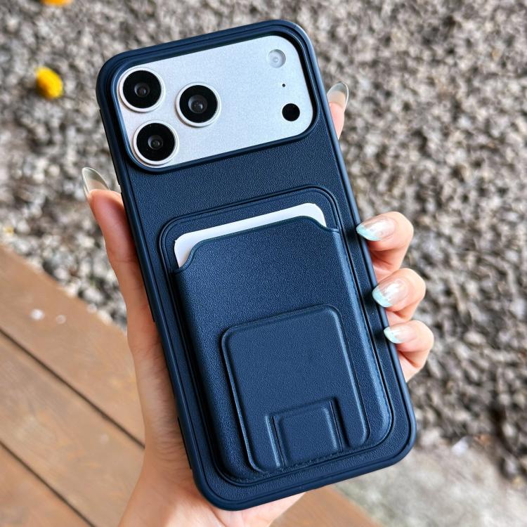 For iPhone 17 Pro Square Folding Card Bag Holder Phone Case(Dark Blue)