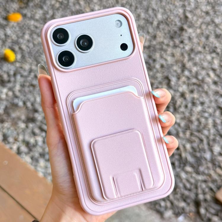 For iPhone 17 Pro Square Folding Card Bag Holder Phone Case(Pink)