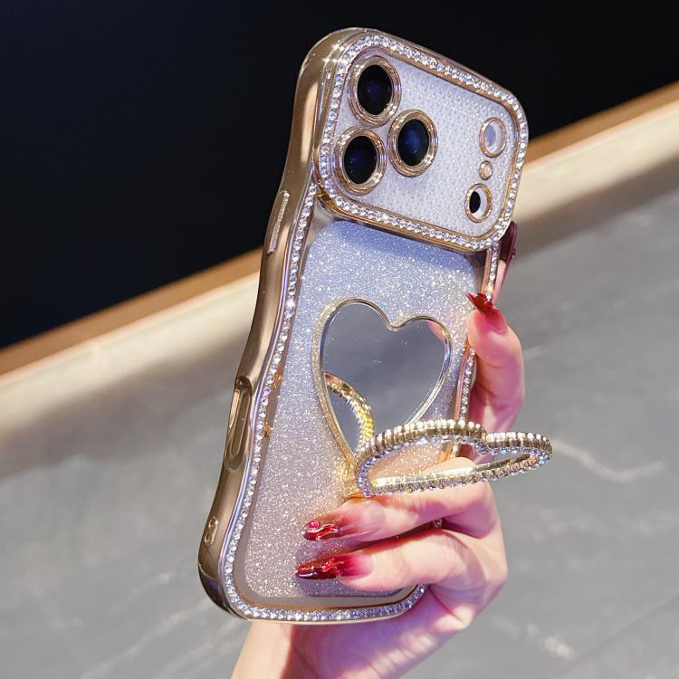 For iPhone 17 Pro Star Diamond Electroplated TPU Glitter Phone Case with Rhinestone Mirror Holder(Gold)