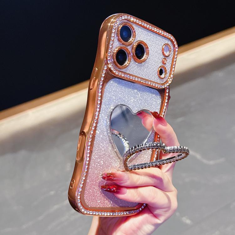 For iPhone 17 Pro Star Diamond Electroplated TPU Glitter Phone Case with Rhinestone Mirror Holder(Orange)