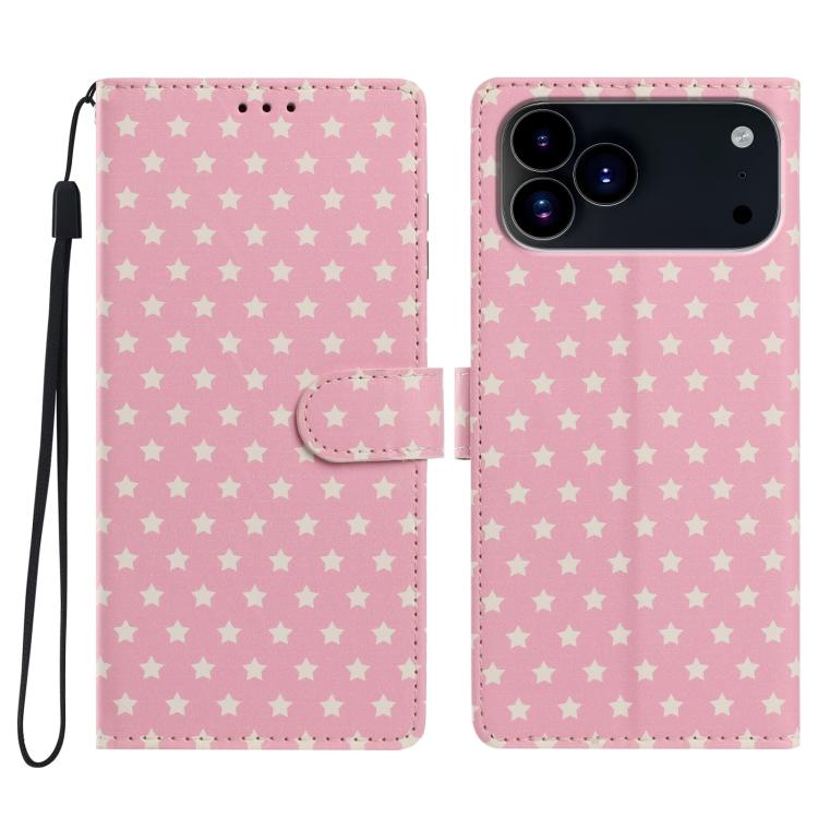 For iPhone 17 Pro Star Pattern Magnetic Buckle Vegan Leather Phone Case with Wrist Strap(Pink)