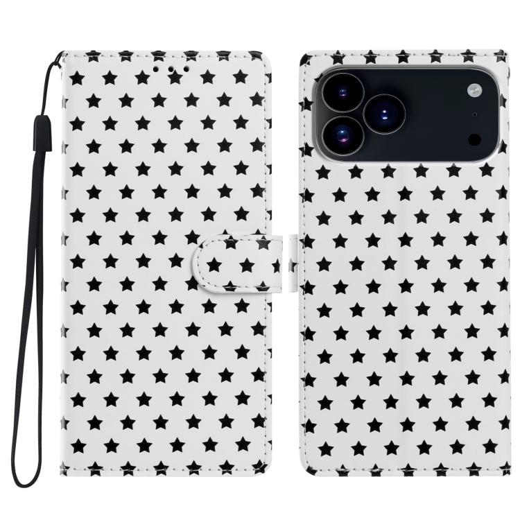 For iPhone 17 Pro Star Pattern Magnetic Buckle Vegan Leather Phone Case with Wrist Strap(White)
