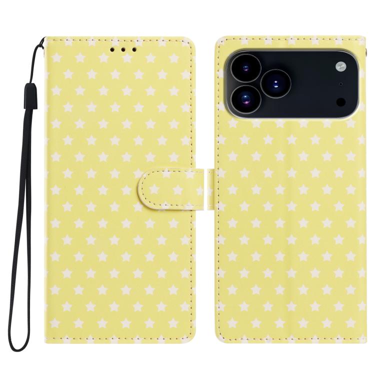 For iPhone 17 Pro Star Pattern Magnetic Buckle Vegan Leather Phone Case with Wrist Strap(Yellow)