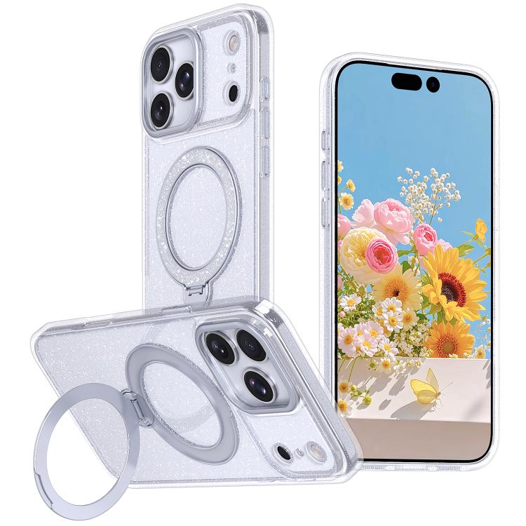 For iPhone 17 Pro Starry Glitter Magnetic Holder Phone Case(Transparent)