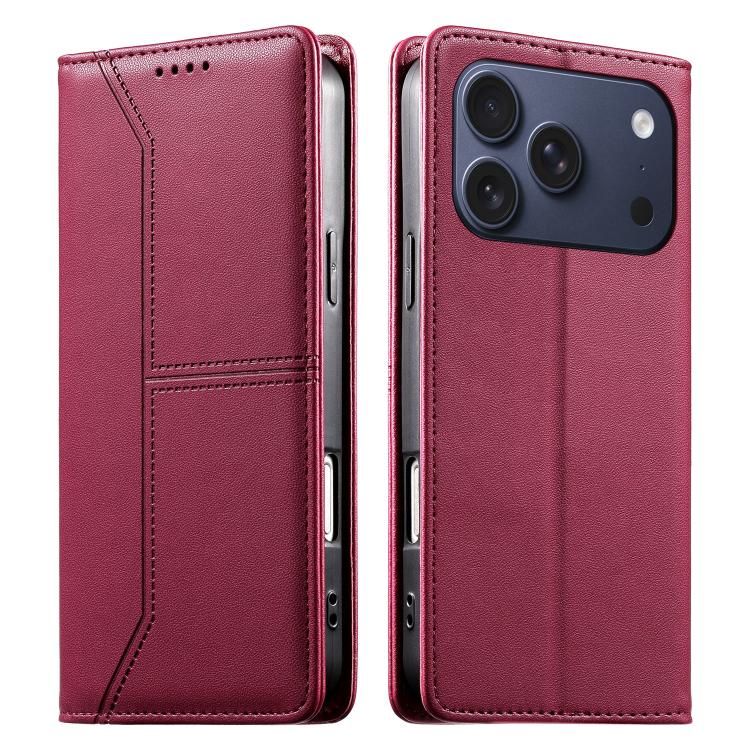 For iPhone 17 Pro Stitched Line Magnetic RFID Vegan Leather Phone Case(Wine Red)