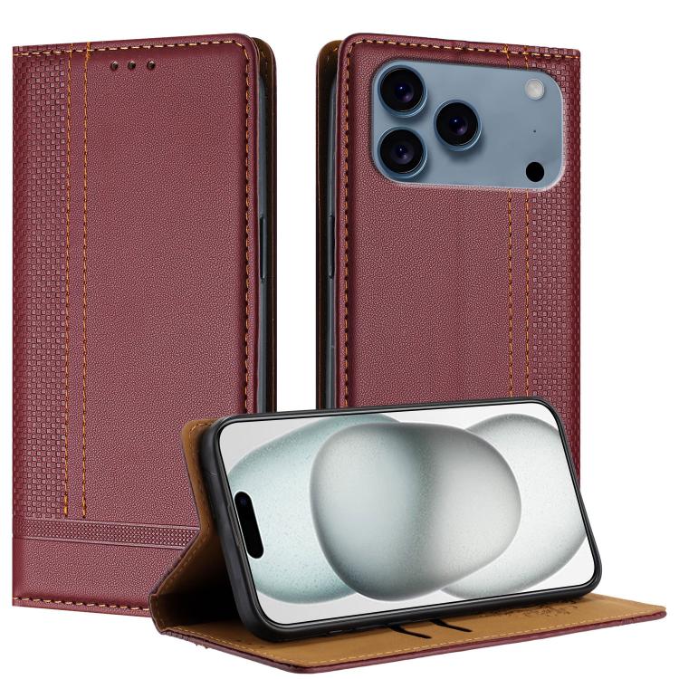 For iPhone 17 Pro Stitching Design Scratch-Resistant Vegan Leather Phone Case(Wine Red)