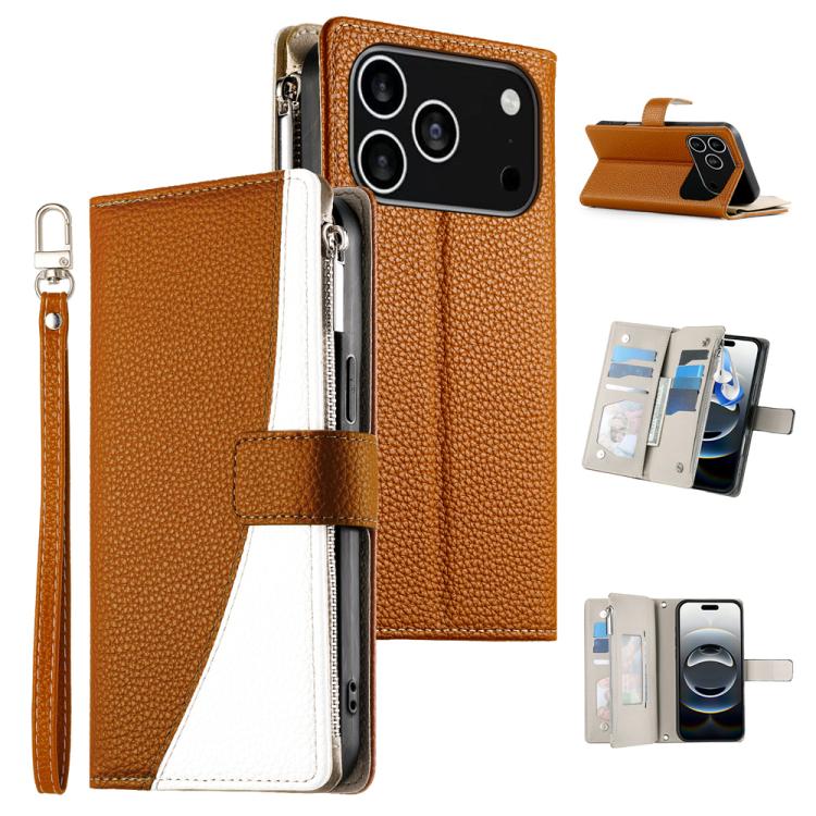 For iPhone 17 Pro Stitching Multi-card Zipper Wallet Leather Phone Case with Short Strap(Brown)
