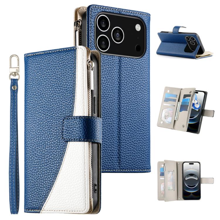 For iPhone 17 Pro Stitching Multi-card Zipper Wallet Leather Phone Case with Short Strap(Dark Blue)