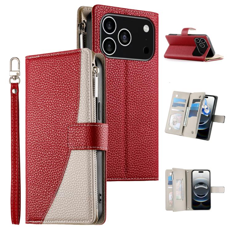 For iPhone 17 Pro Stitching Multi-card Zipper Wallet Leather Phone Case with Short Strap(Red)