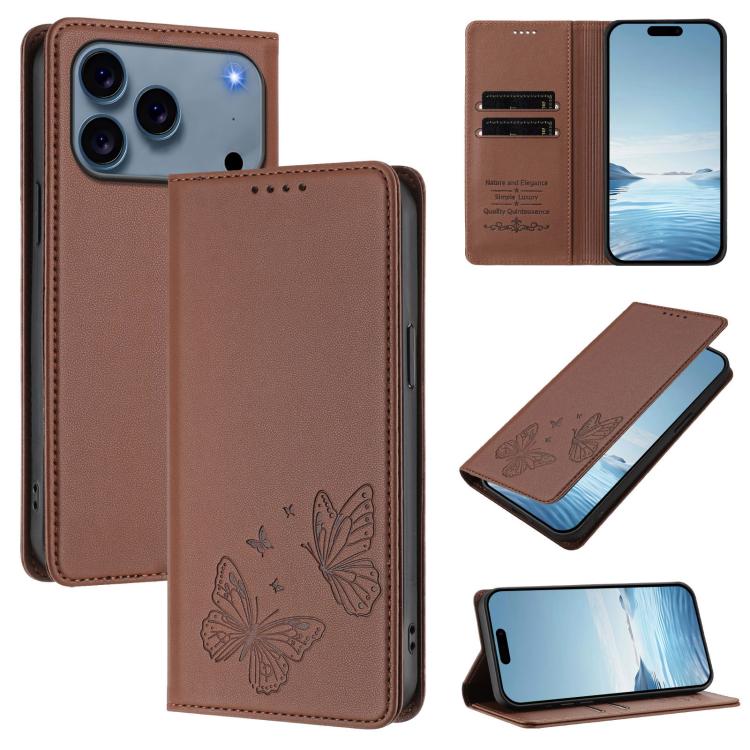 For iPhone 17 Pro Strong Magnetic Dual Butterfly RFID Vegan Leather Phone Case(Brown)