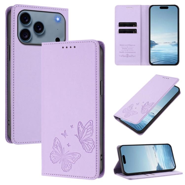 For iPhone 17 Pro Strong Magnetic Dual Butterfly RFID Vegan Leather Phone Case(Light Purple)