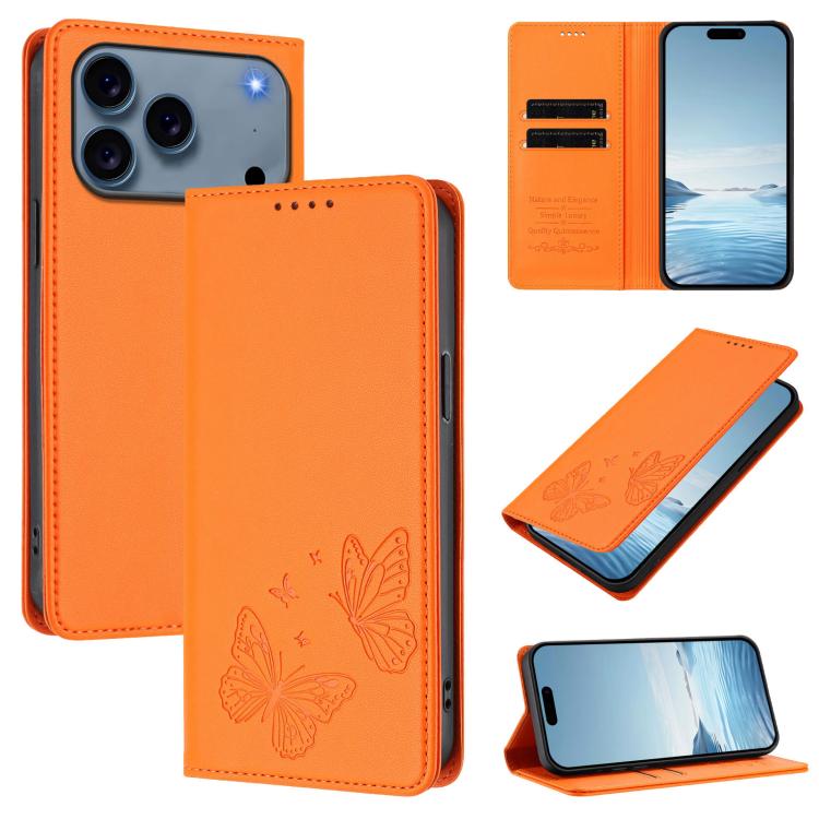 For iPhone 17 Pro Strong Magnetic Dual Butterfly RFID Vegan Leather Phone Case(Orange)