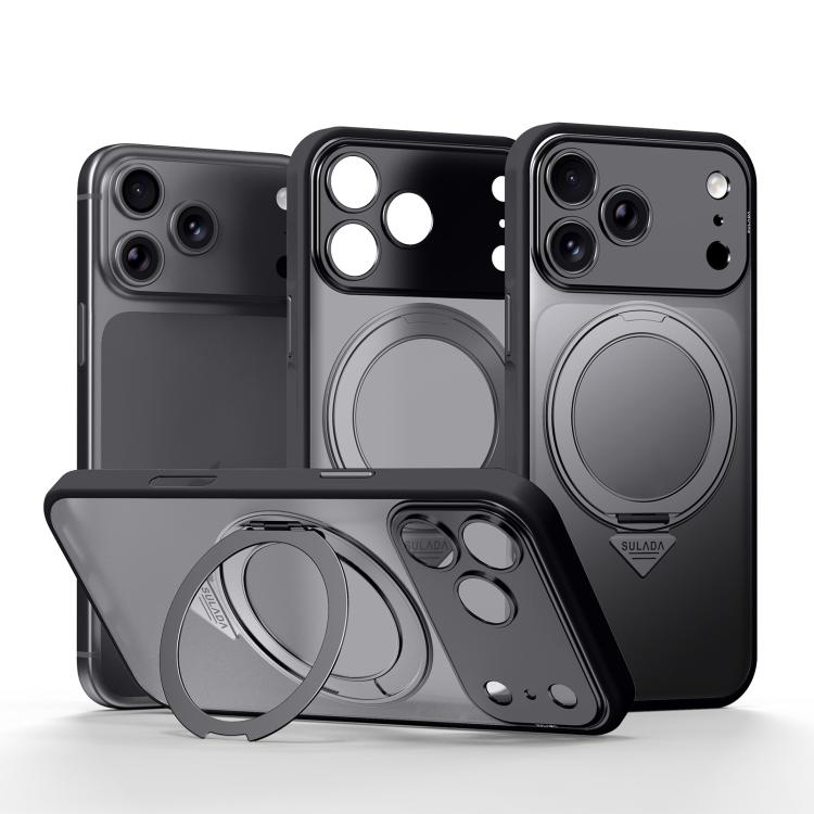 For iPhone 17 Pro SULADA Transforms Into 17 Pro Semi-Transparent Matte Rotation Magnetic Holder Phone Case(Black)