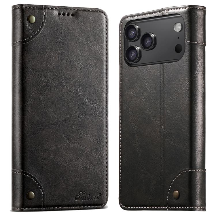 For iPhone 17 Pro Suteni Baroque Calf Texture Buckle Wallet Leather Phone Case(Black)