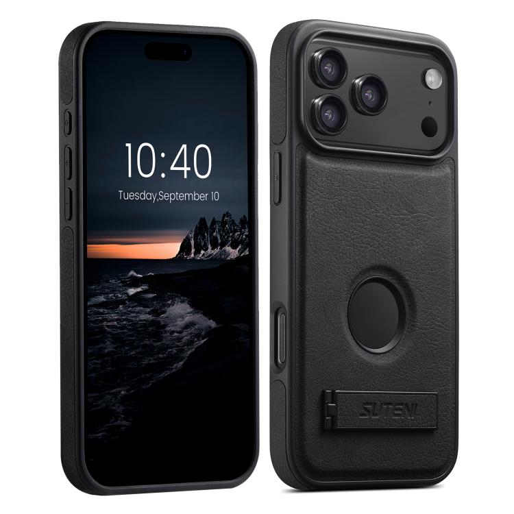 For iPhone 17 Pro Suteni G2 Magsafe Litchi Texture Leather Back Phone Case with Holder(Black)