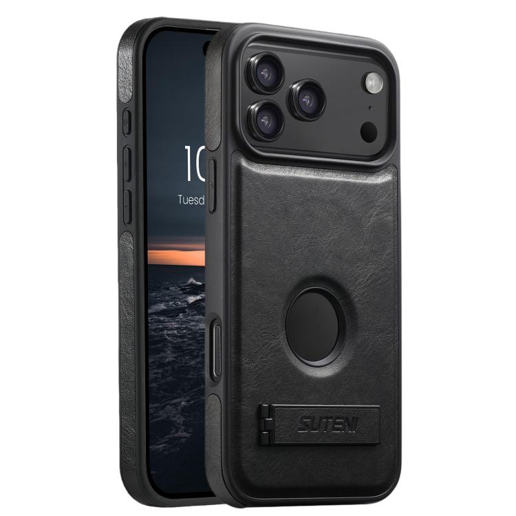 For iPhone 17 Pro Suteni G2 Magsafe Oil Wax Leather Back Phone Case with Holder(Black)