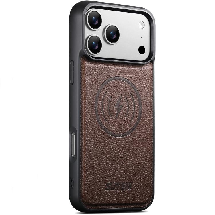 For iPhone 17 Pro Suteni G5 Large Litchi Texture Vegan Leather Magnetic Back Phone Case(Brown)