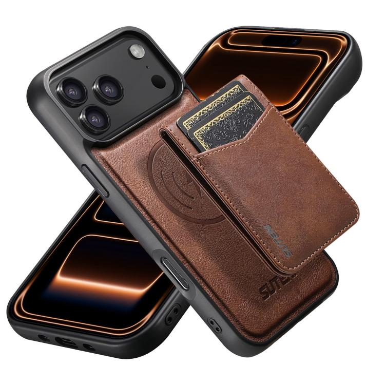 For iPhone 17 Pro Suteni G5S5 2-in-1 Magnetic Detachable Bottle Opener Card Bag Cow Leather Back Phone Case(Brown)