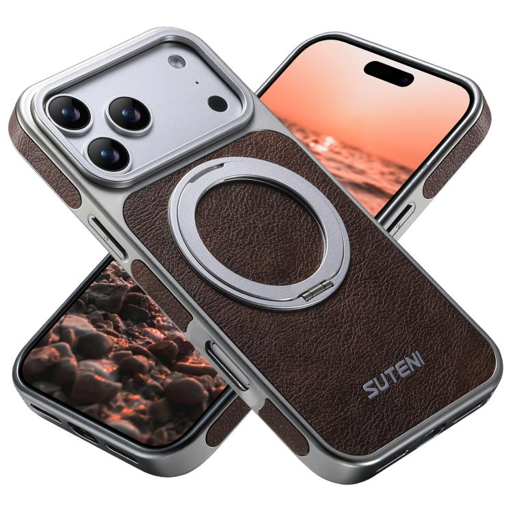 For iPhone 17 Pro Suteni G6 Crazy Horse Texture Electroplated 360 Rotation Holder Magnetic Phone Case(Brown)