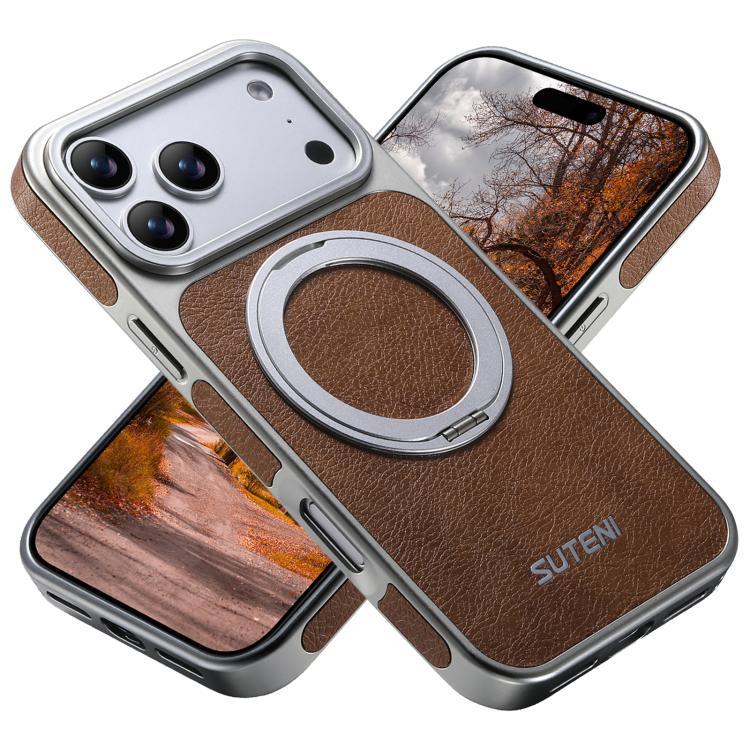 For iPhone 17 Pro Suteni G6 Crazy Horse Texture Electroplated 360 Rotation Holder Magnetic Phone Case(Khaki)